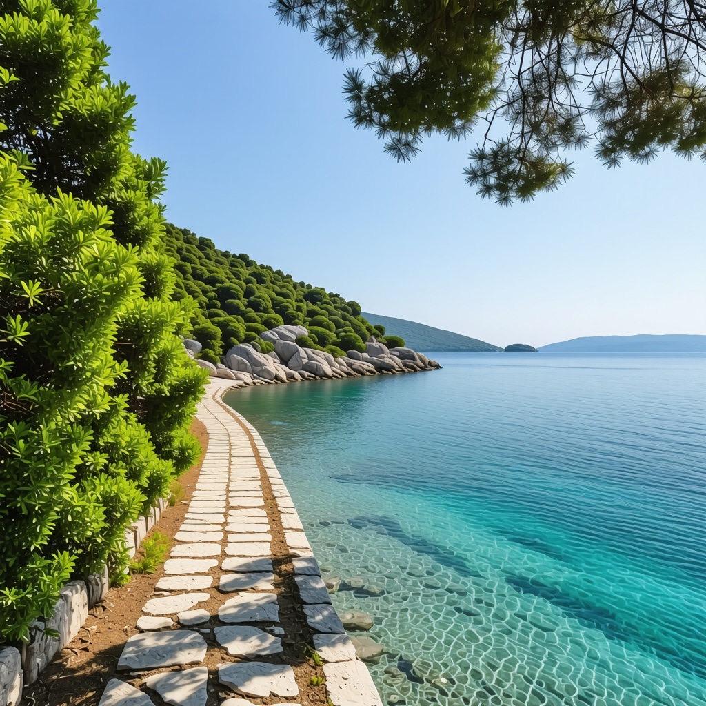 Coastal path on Mljet island with greenery and clear water illustrating sustainable tourism