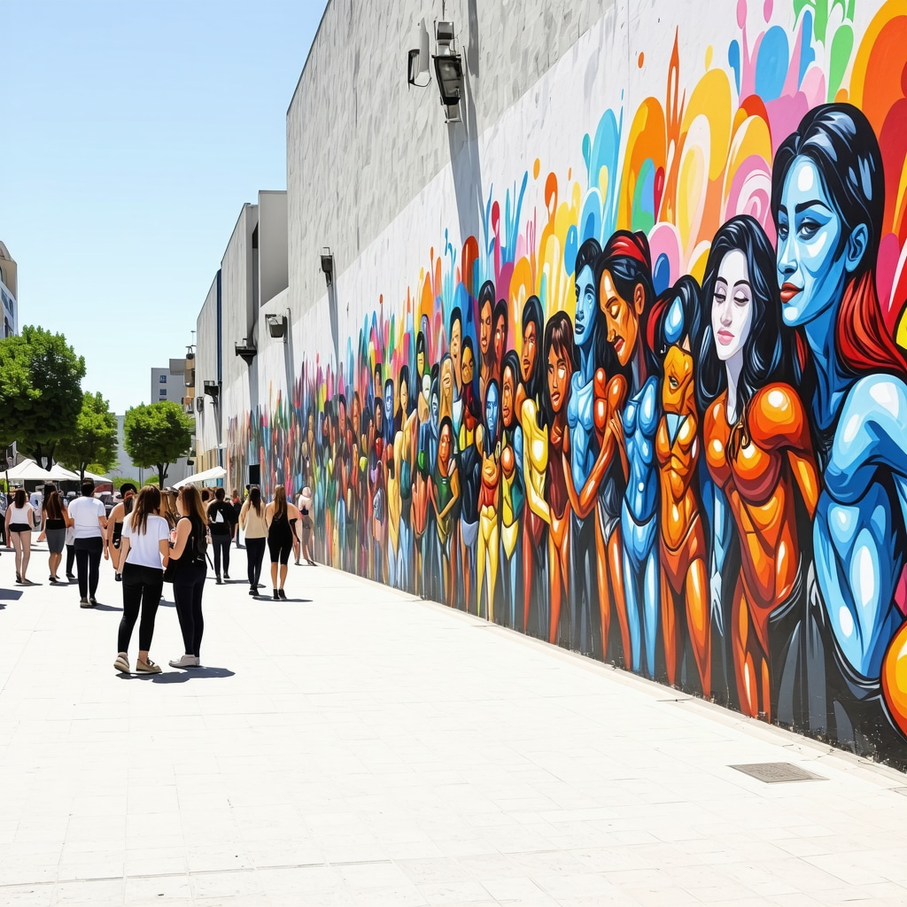 Colorful mural depicting community collaboration in Tirana with artists and locals interacting