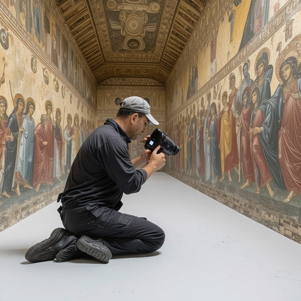 Conservator using 3D scanning technology on Nesebar frescoes amid historic buildings