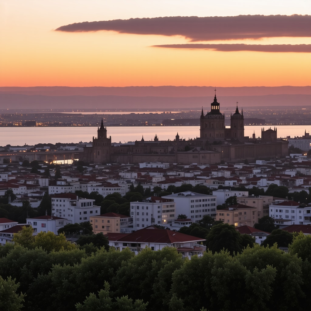 Panoramic view of Constanța showing a blend of ancient and modern architecture with coastal scenery at sunset