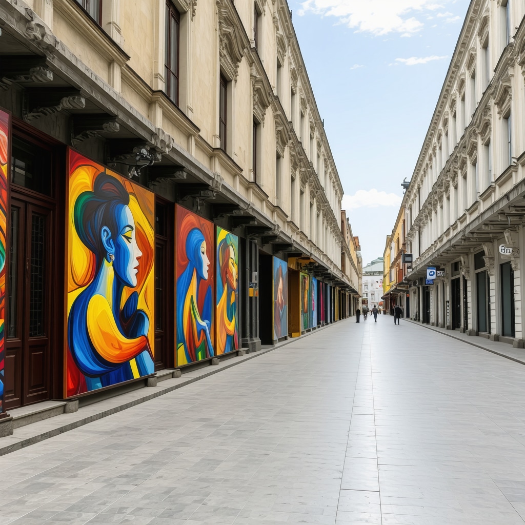 Street view of Constanța showing historical buildings and modern art installations representing Balkan cultural heritage