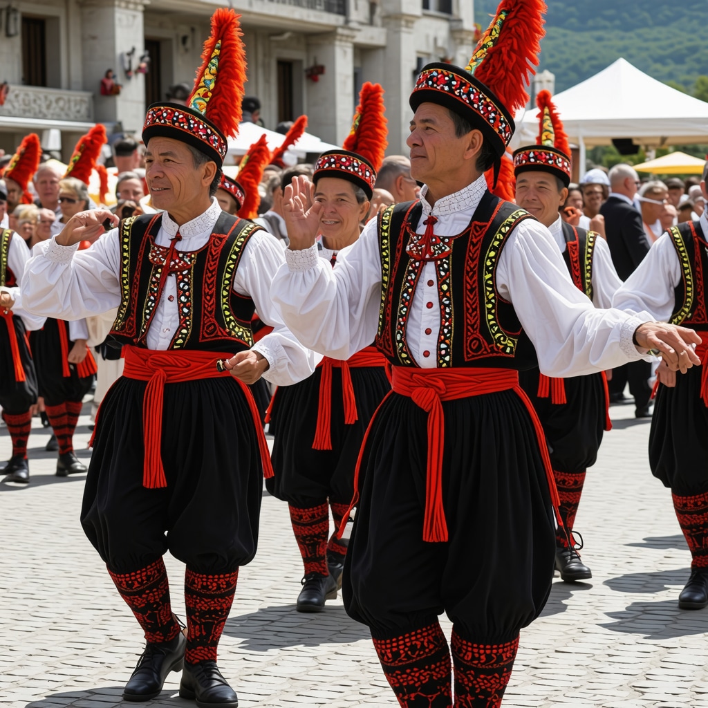 Ethnic groups in traditional costumes celebrating at a cultural festival in Berane, Montenegro