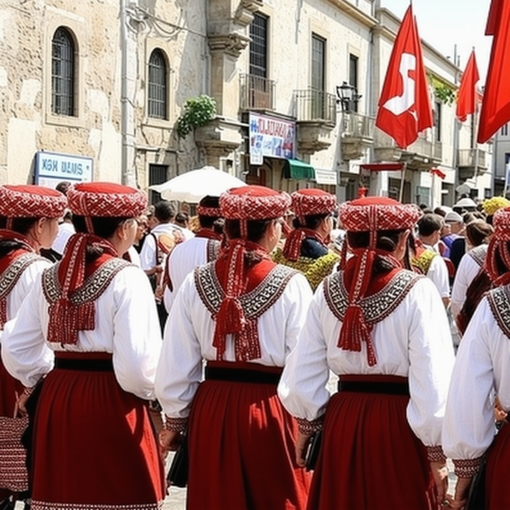 Ethnic groups in traditional costumes at a cultural festival in Korçë with multilingual signage and Balkan architecture