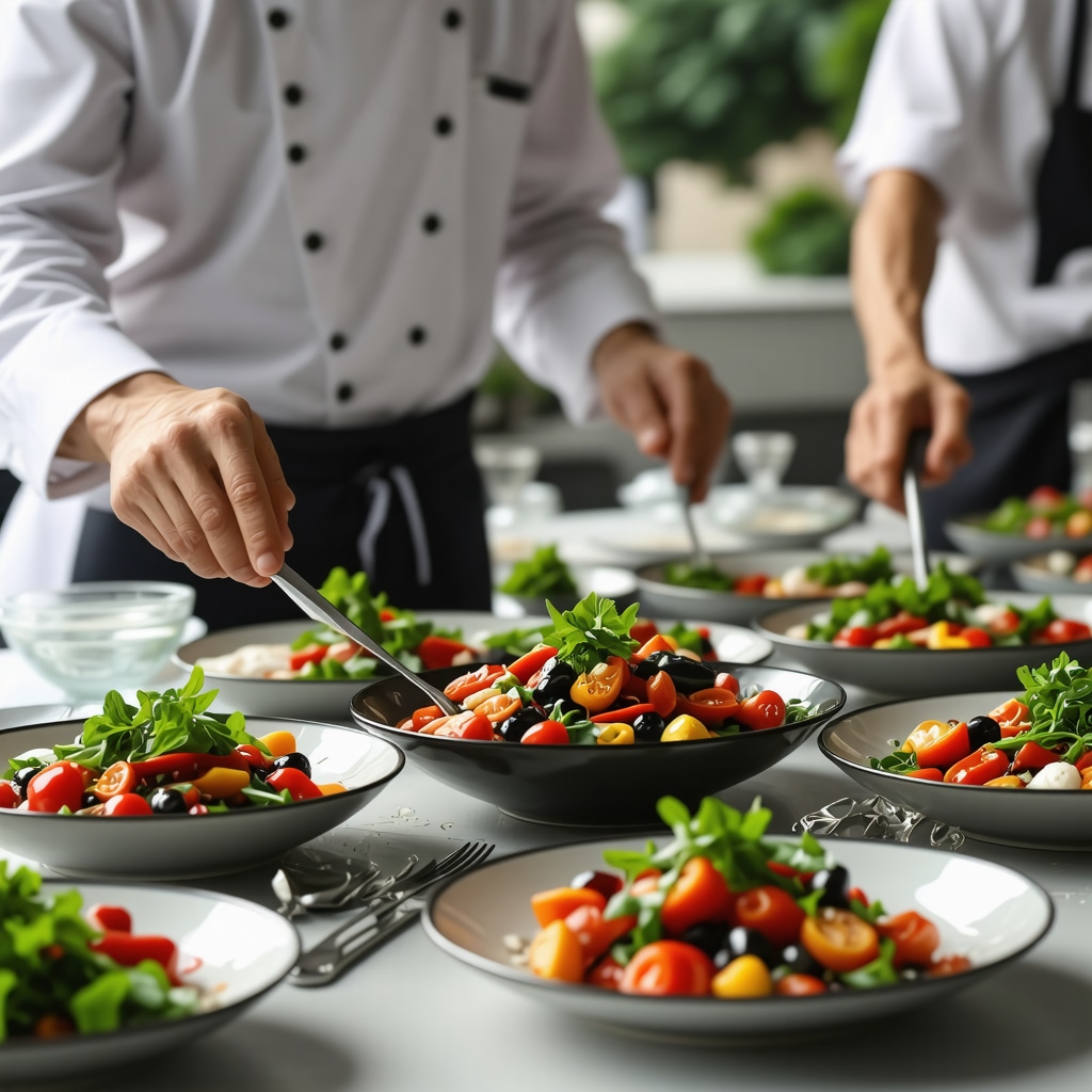 Chefs preparing traditional Dalmatian dishes with local ingredients in a modern sustainable kitchen in Budva