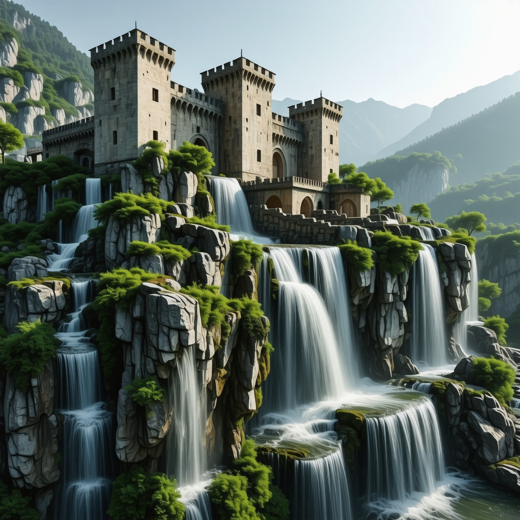 3D digital model of Jajce fortress showing interactive AR features alongside Pliva waterfalls