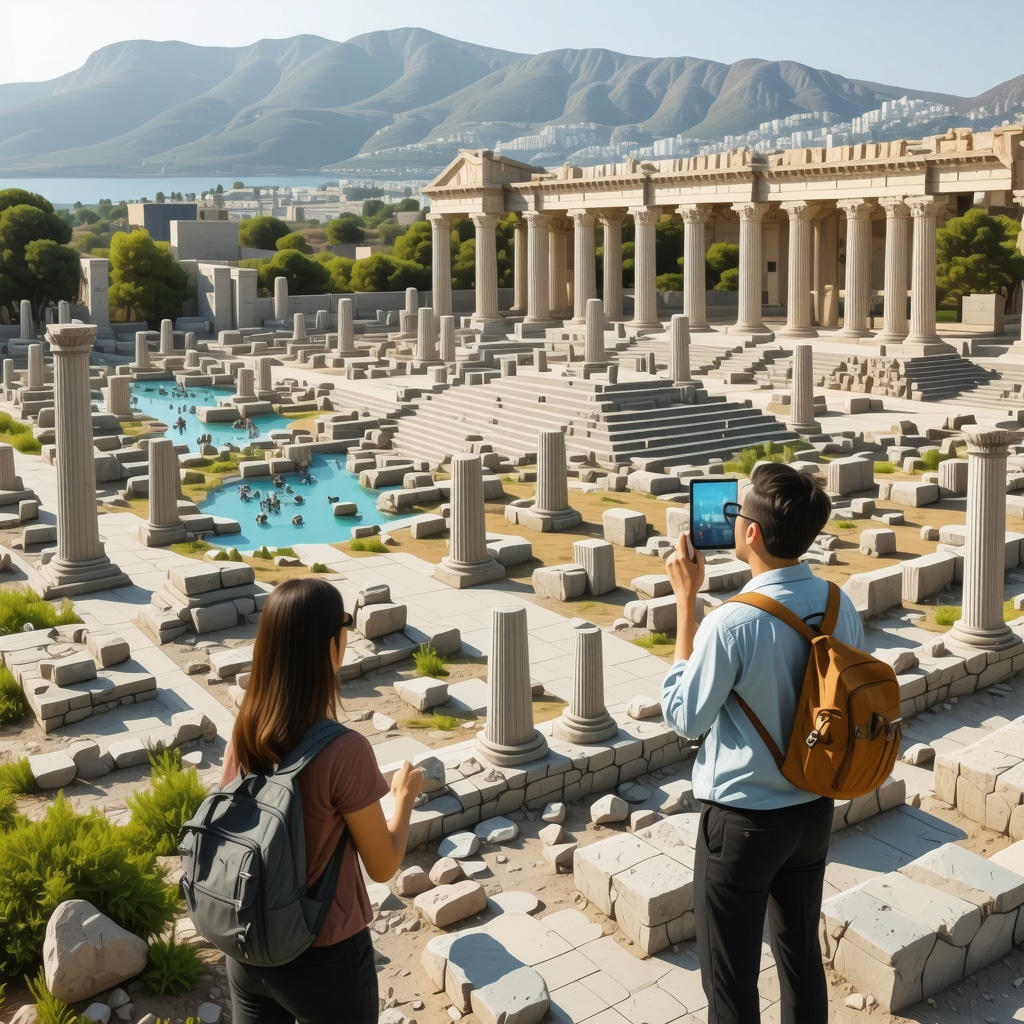 3D digital map of Patras archaeological park showing augmented reality technology and tourists