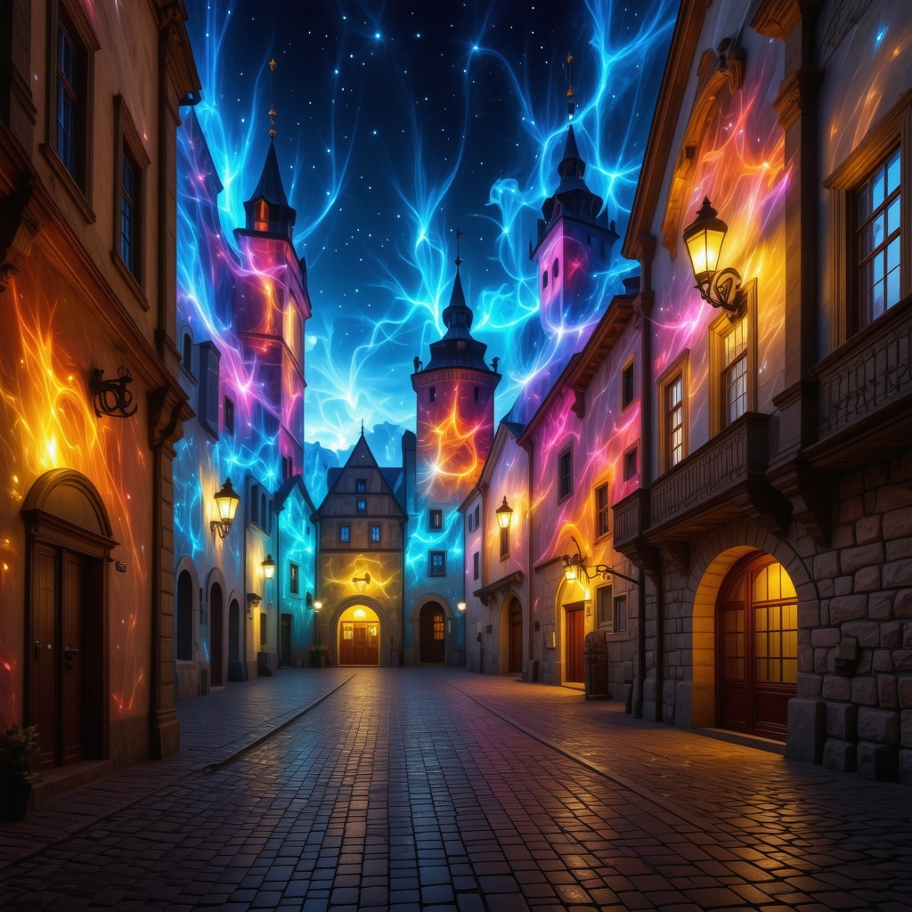 Modern digital art installation with medieval architecture background in Sibiu