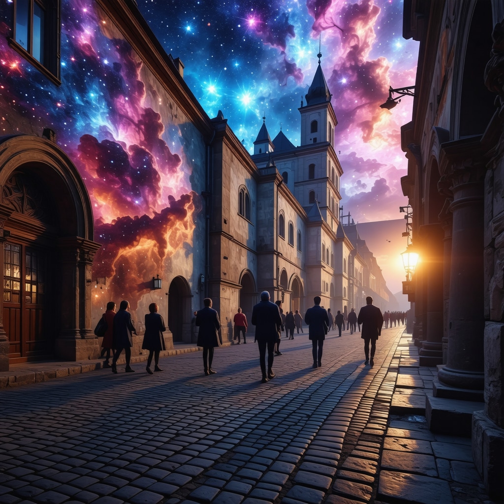 Modern digital art installation merging with Sibiu's historic architecture