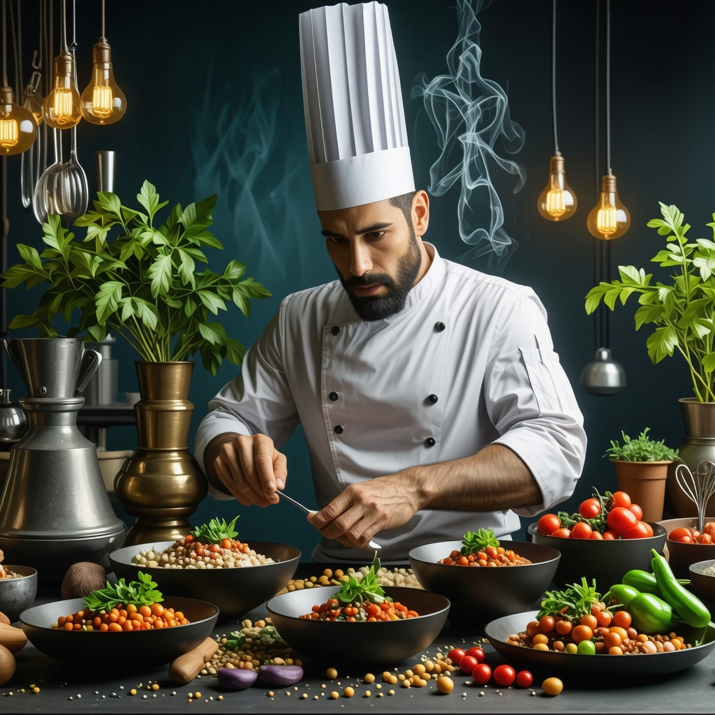Chefs in a modern digital culinary lab using blockchain and biotechnological tools to preserve Varna's traditional cuisine