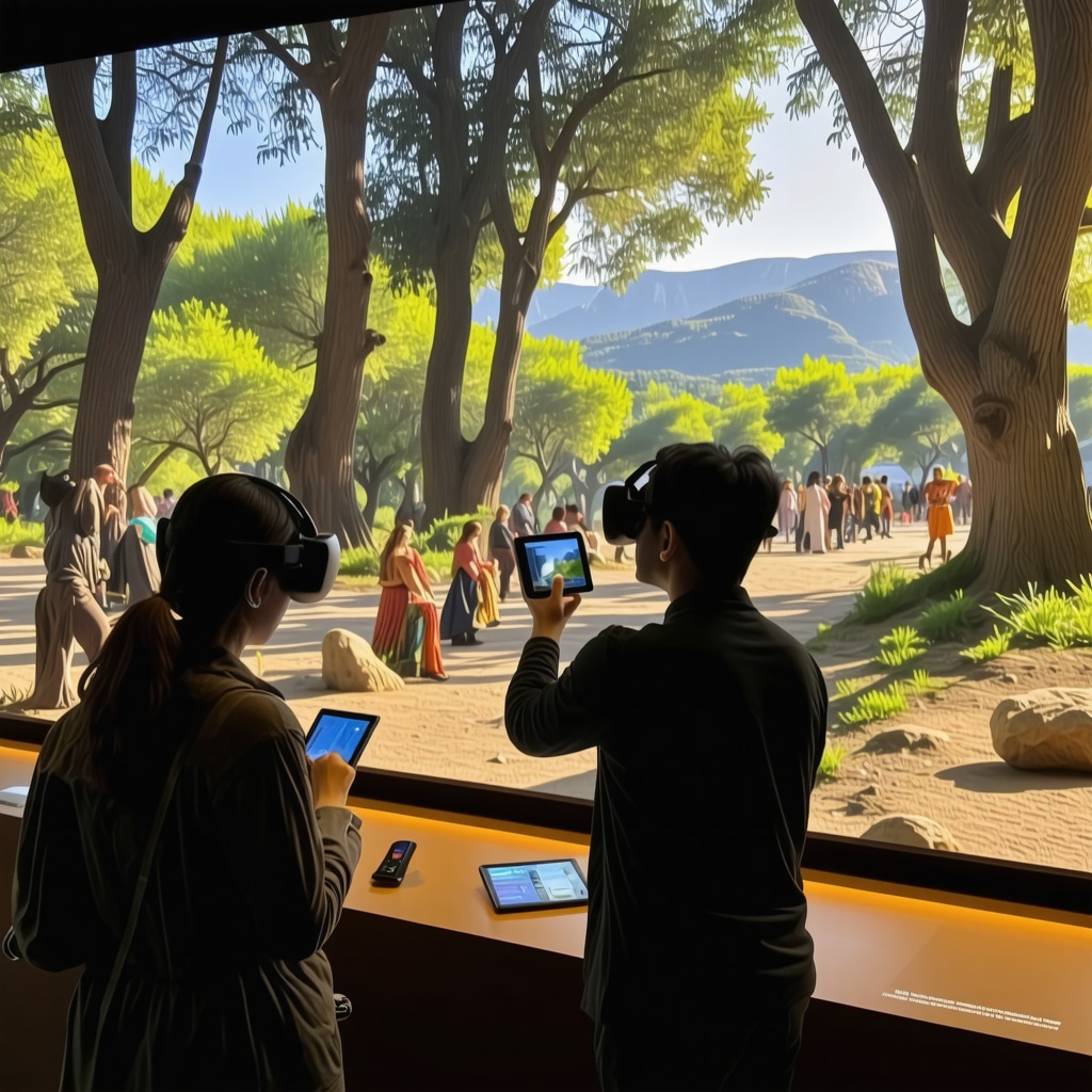 Visitors interacting with augmented reality displays about Xanthi's cultural heritage in a natural park