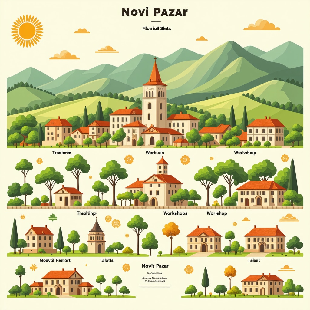 Interactive digital map illustrating Novi Pazar's historical landmarks, crafts, and eco-tourism routes with a blend of traditional and modern visual elements