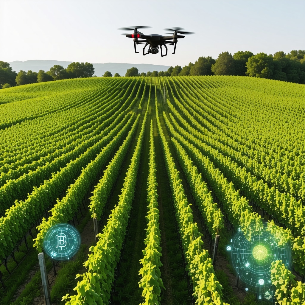 Drones flying over Melnik vineyards with digital data overlays and blockchain symbols representing advanced precision viticulture