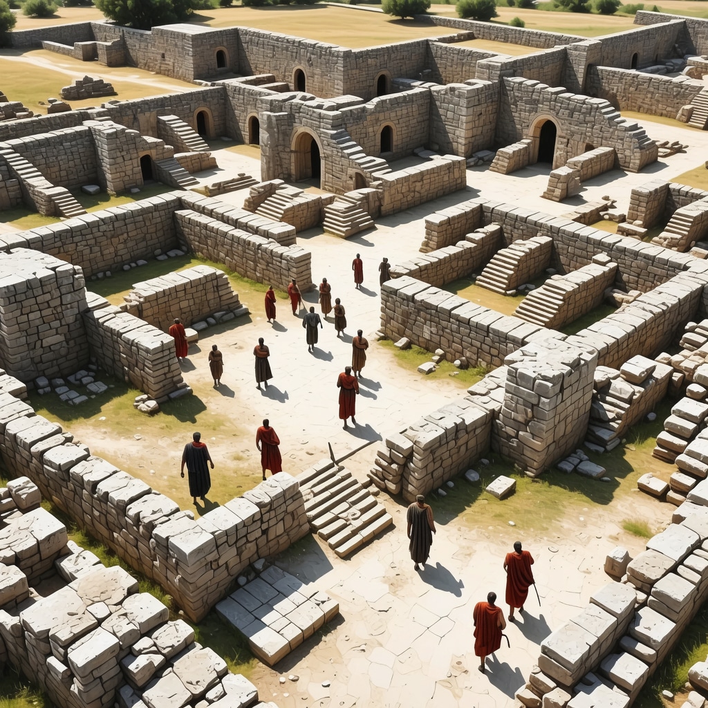 Aerial view of Stobi archaeological site with highlighted digital 3D reconstructions and visitors.