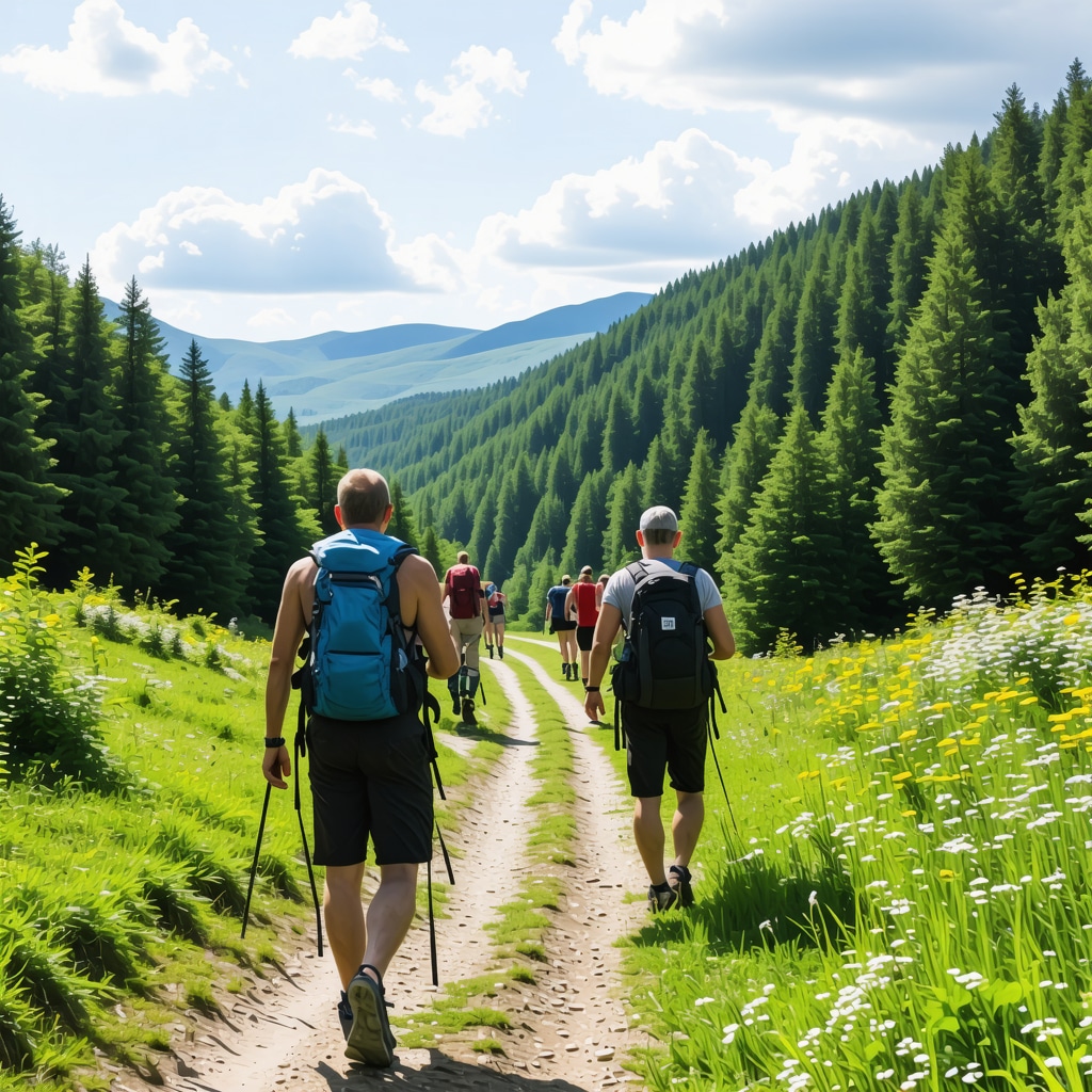 Hikers on Zlatibor mountain using mobile apps amidst lush green nature showing sustainable tourism