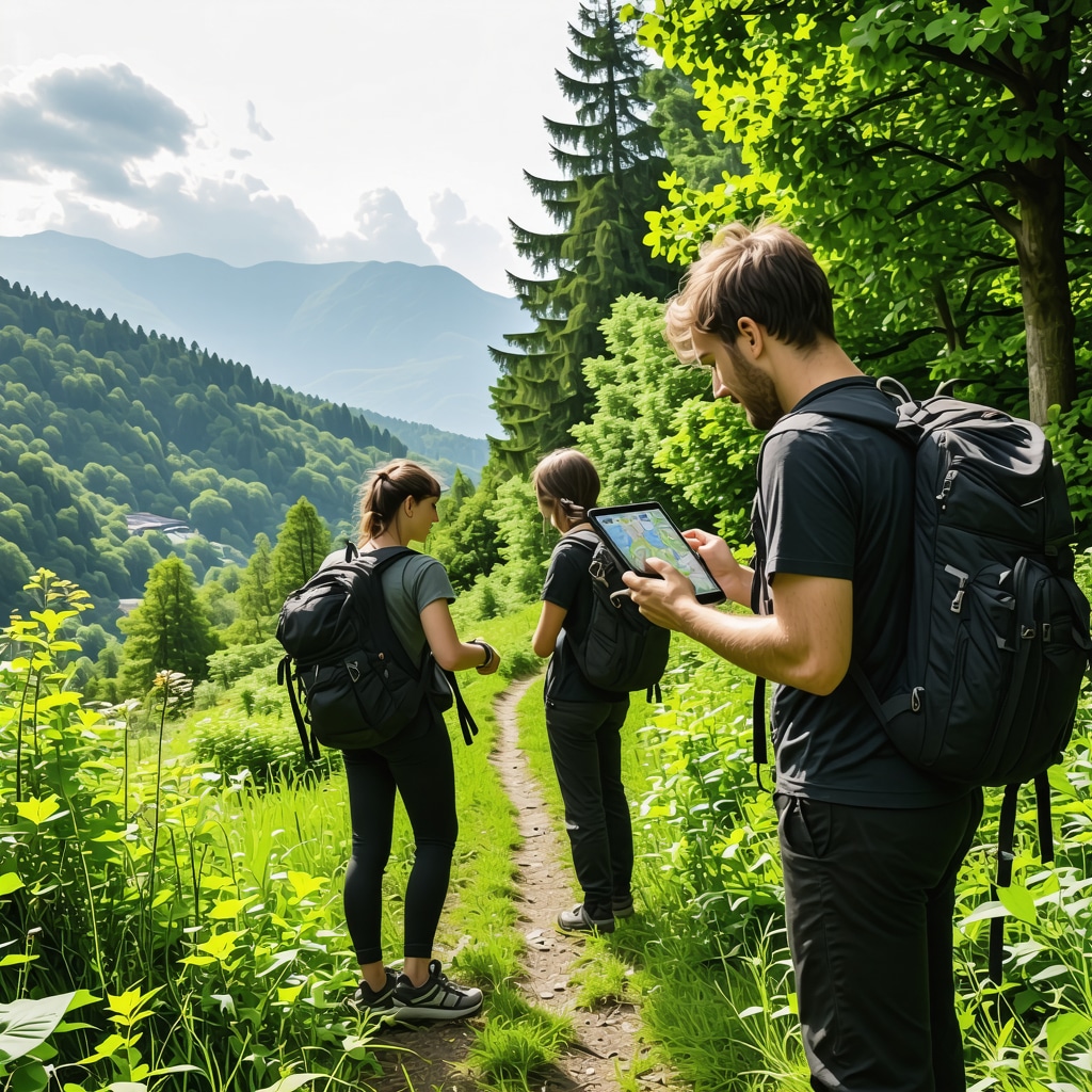 Hikers using digital devices and maps on a forest trail in Kranj with mountain views