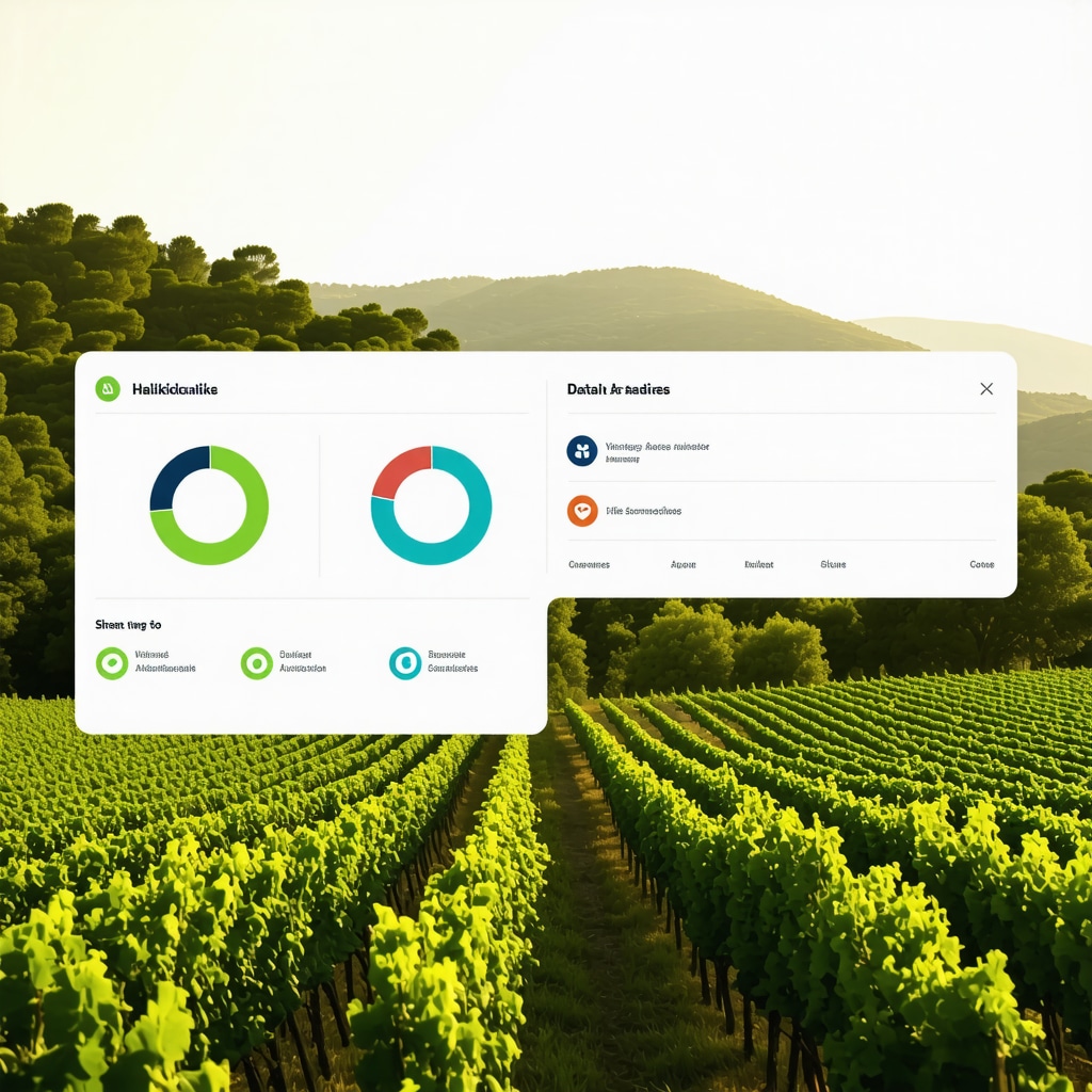 Interface of a digital vineyard management system displaying real-time environmental data with traditional vineyards in the background