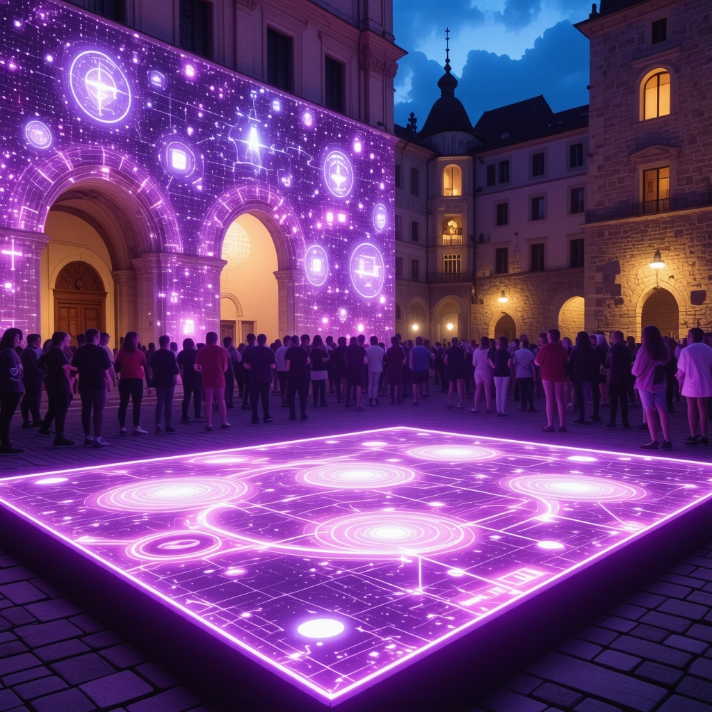 Futuristic cultural festival in Kranj combining digital art and blockchain technology with diverse audience participation