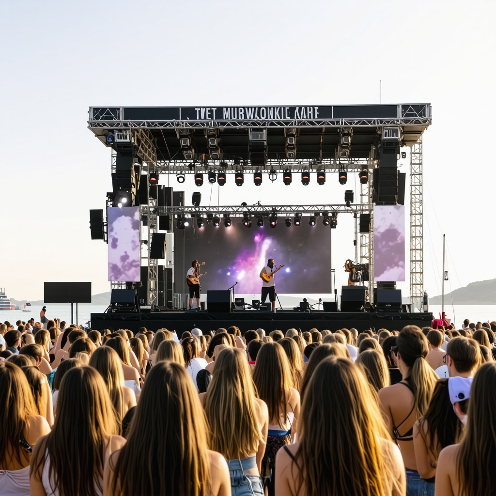 Illustration of digital technologies like AI, VR and environmental sensors enhancing sustainability and cultural integration at the Mamaia seaside music festival