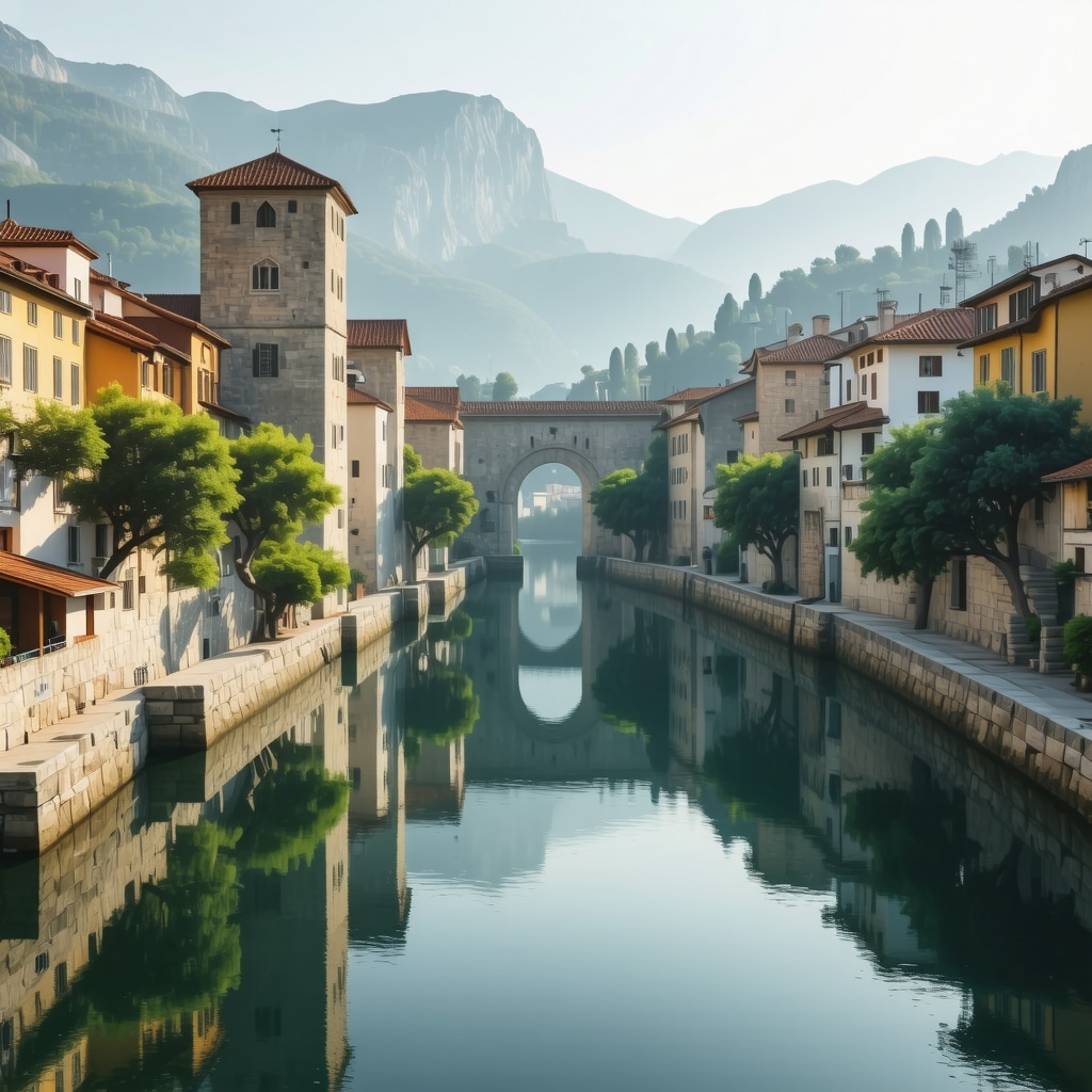 Historic Mostar bridge with digital technology overlays representing virtual tours and sustainable tourism