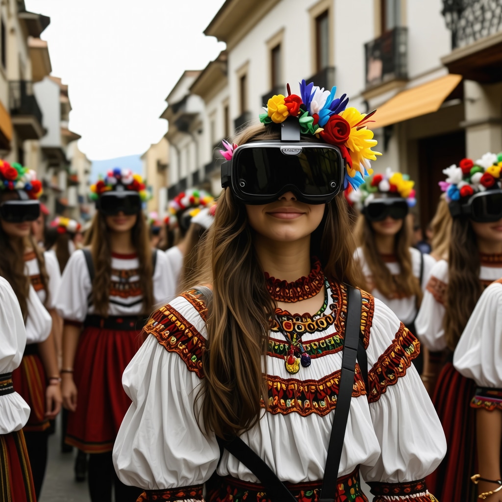 People at a Xanthi festival using VR and AR technologies alongside traditional costumes