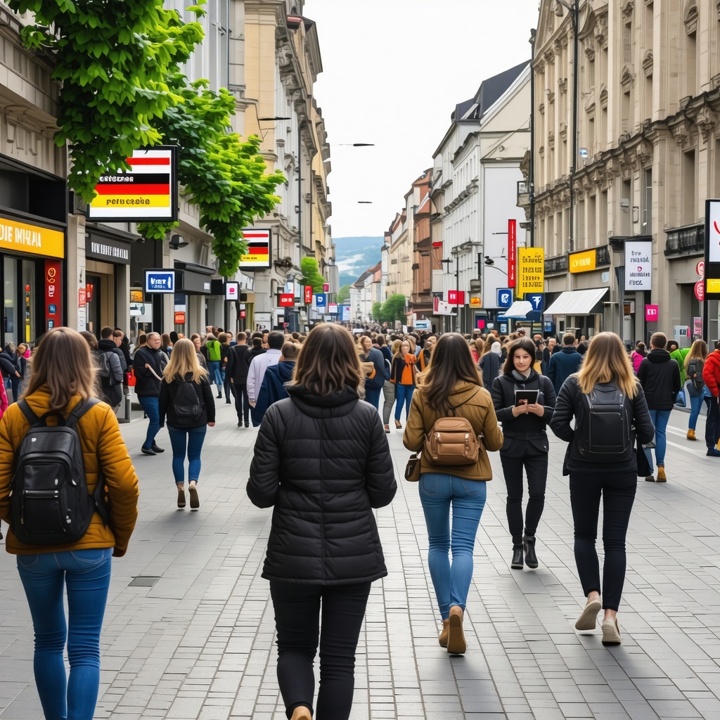 Diverse people in Cluj-Napoca street using digital devices with multilingual signs