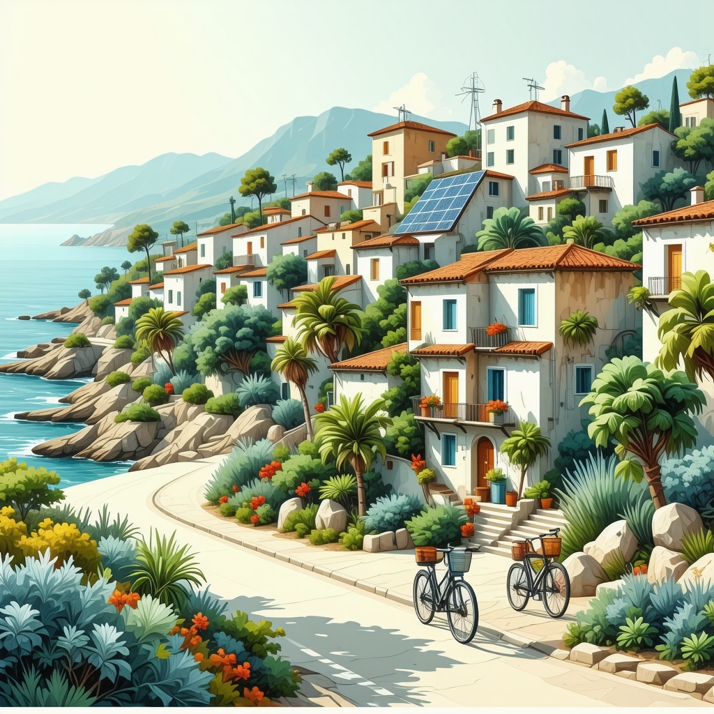 Illustration of a Mediterranean coastal town with green infrastructure and digital tourism tools