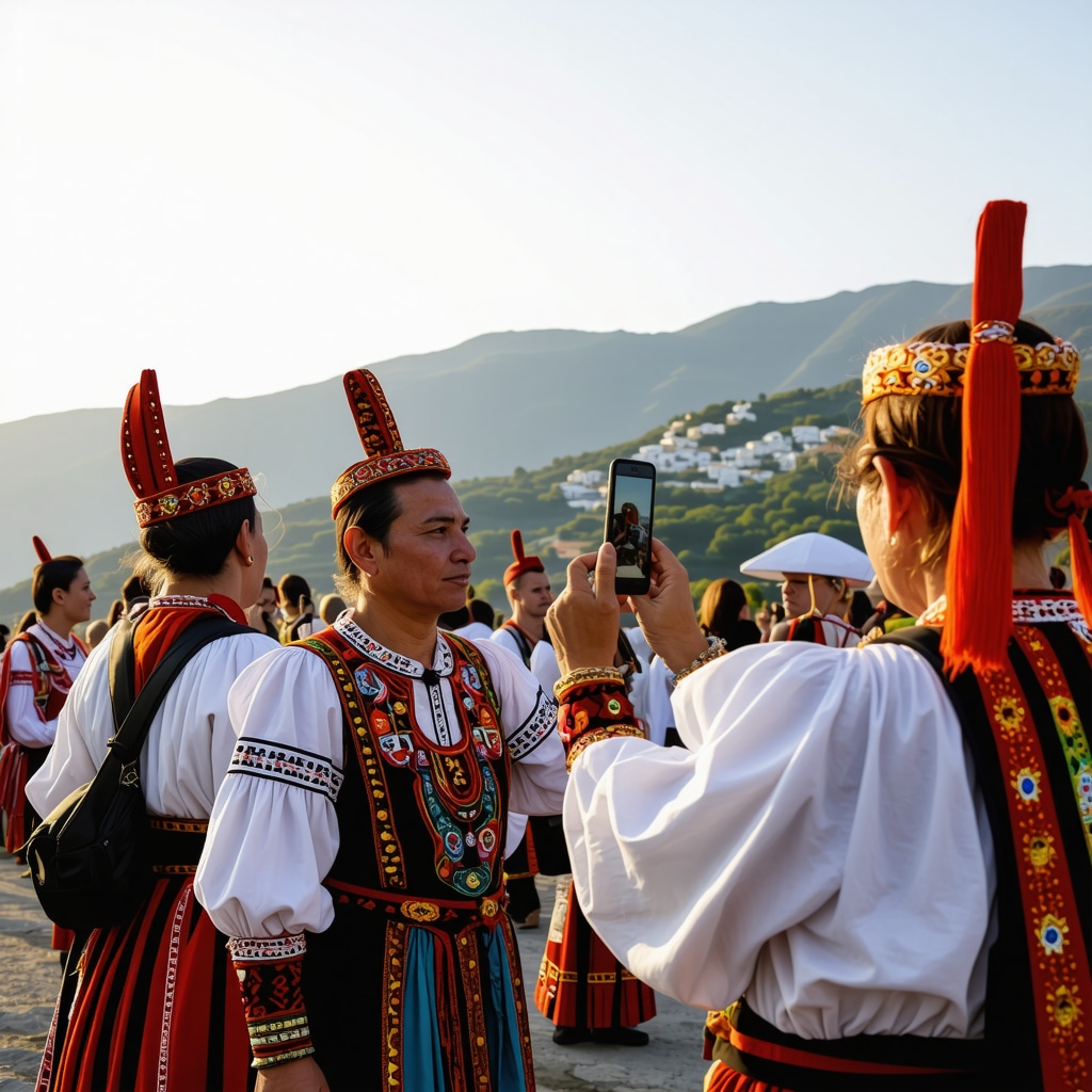 Visitors experiencing traditional Macedonian festival in Kruševo with augmented reality technology and traditional costumes