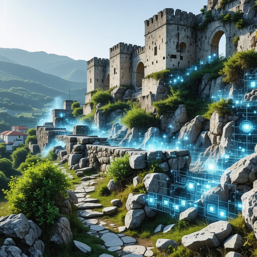 Historic fortress ruins in Jajce combined with digital holograms representing advanced conservation methods