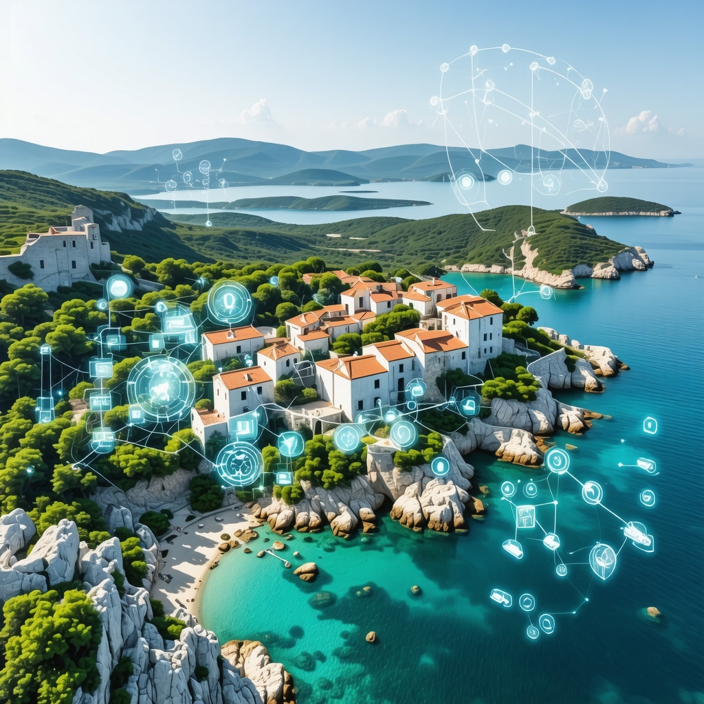 Aerial image of Vis island with digital overlays illustrating advanced ecosystem monitoring and cultural heritage preservation