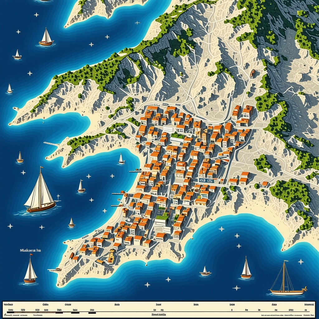 Interactive digital map highlighting points of interest on Makarska Riviera with modern coastal scenery