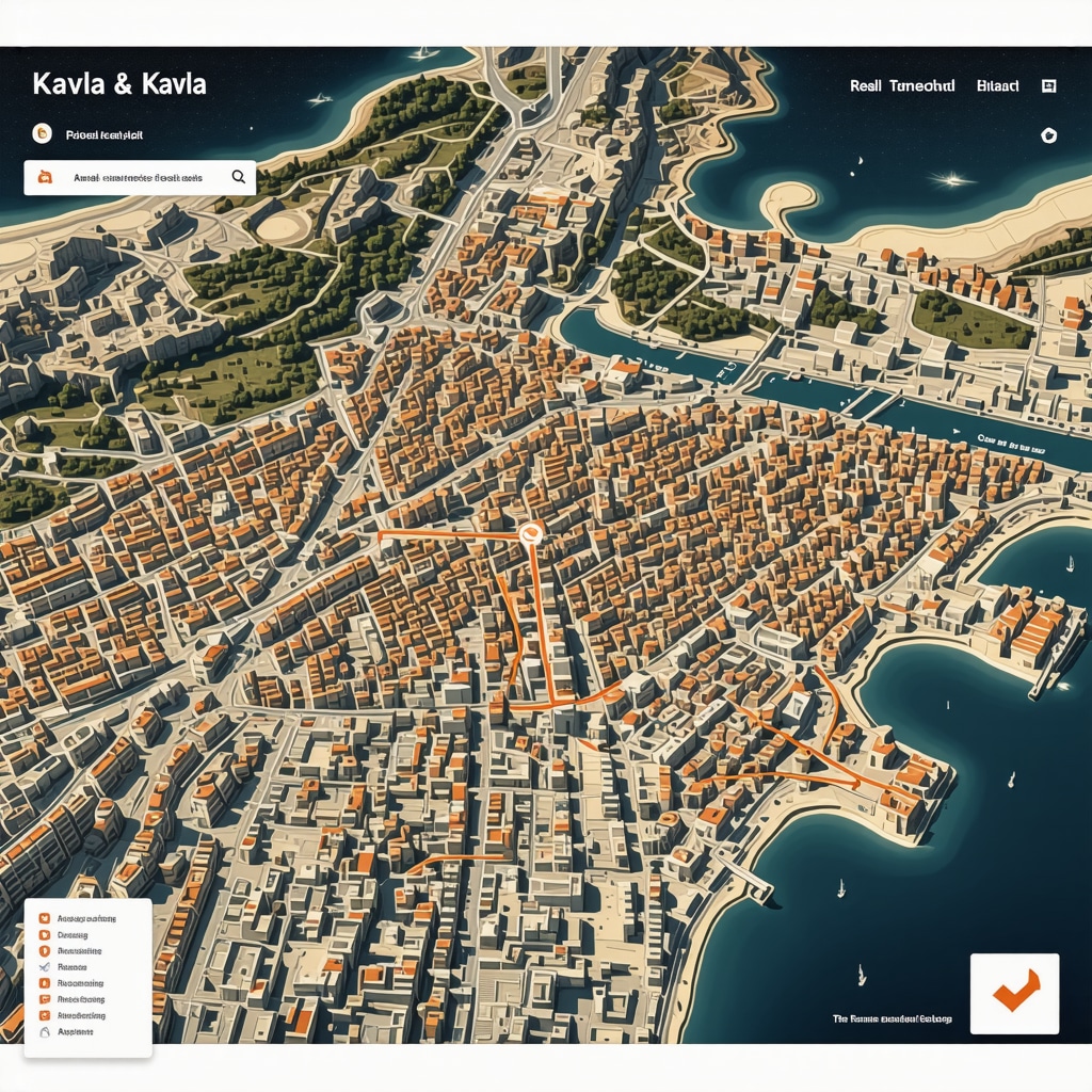 Interactive digital map displaying cultural routes and tourist flow data over Kavala cityscape