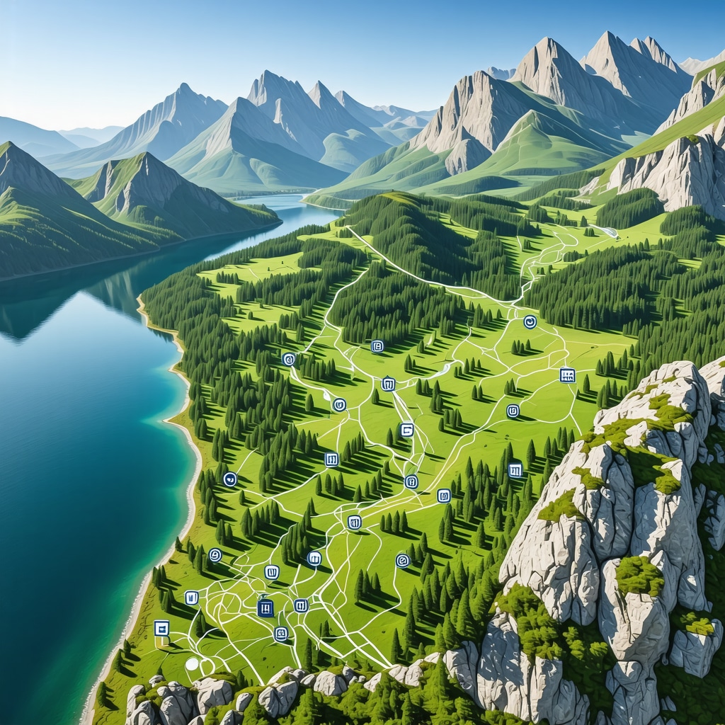 Digital map showcasing Pljevlja's natural parks, sustainable hiking and cycling routes, renewable energy icons, and cultural heritage sites under a blue sky