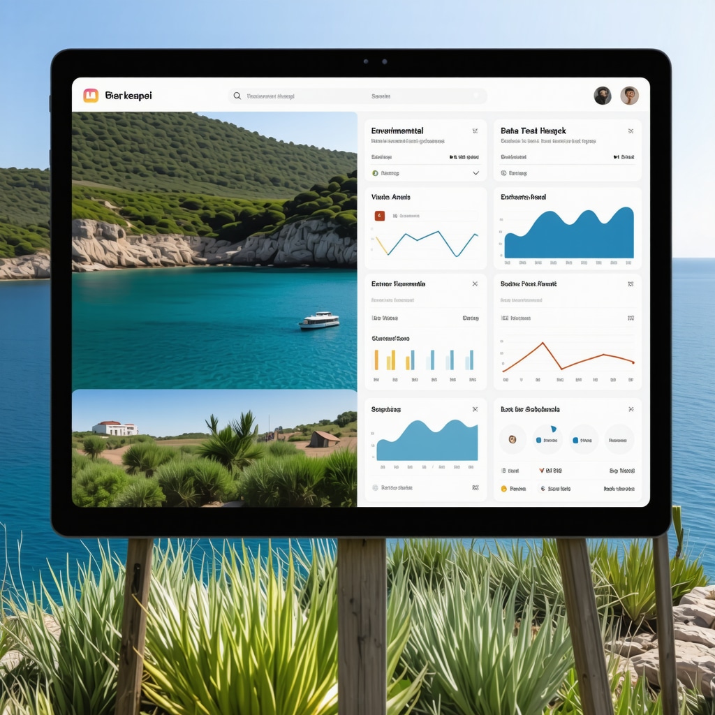 Interface of a smart digital platform displaying environmental data and community input for Ksamil sustainable tourism