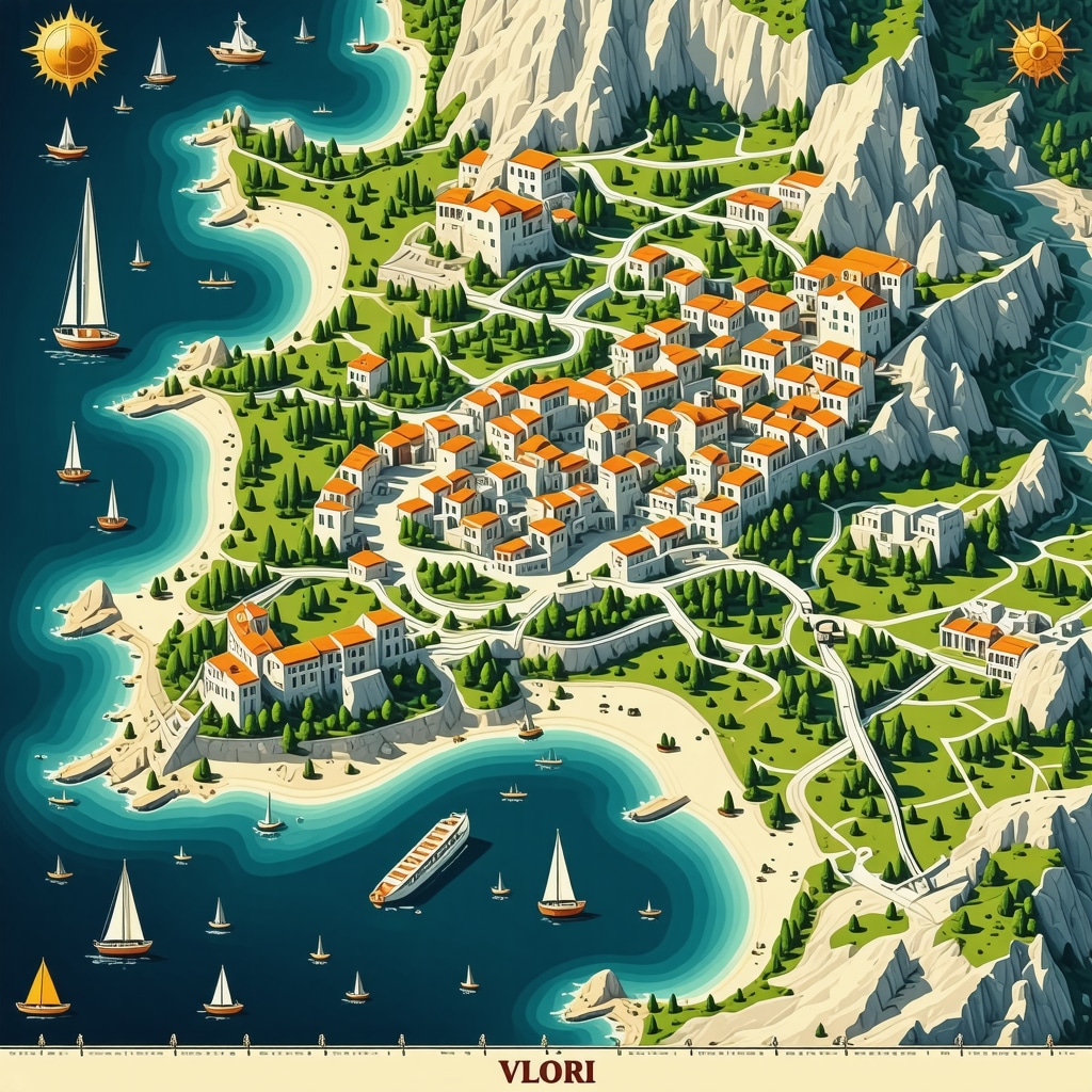 Illustration of digital sustainable tourism map showing routes and local gastronomy in Vlorë, Albania
