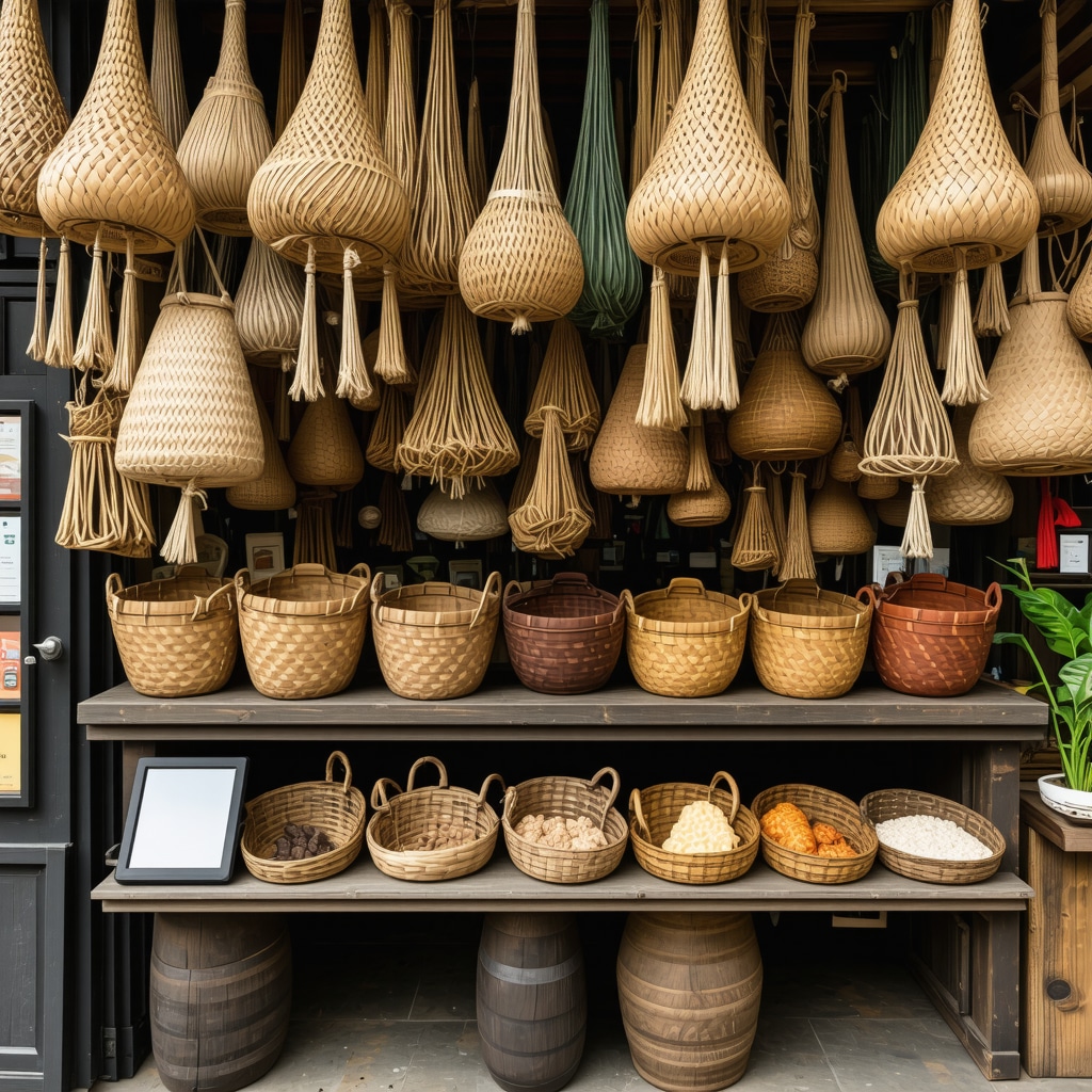 Traditional Tutin market with digital kiosks and multicultural artisans
