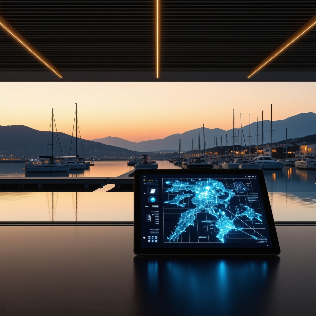 Luxury marina in Tivat showcasing IoT sensors and renewable energy with a digital twin interface