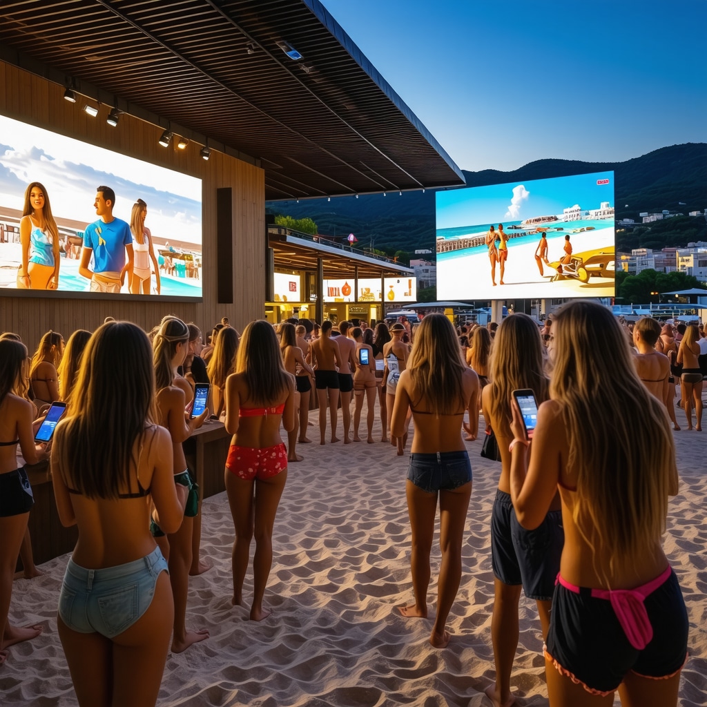 Modern beach club in Saranda featuring digital innovations and sustainability initiatives with tourists using mobile apps