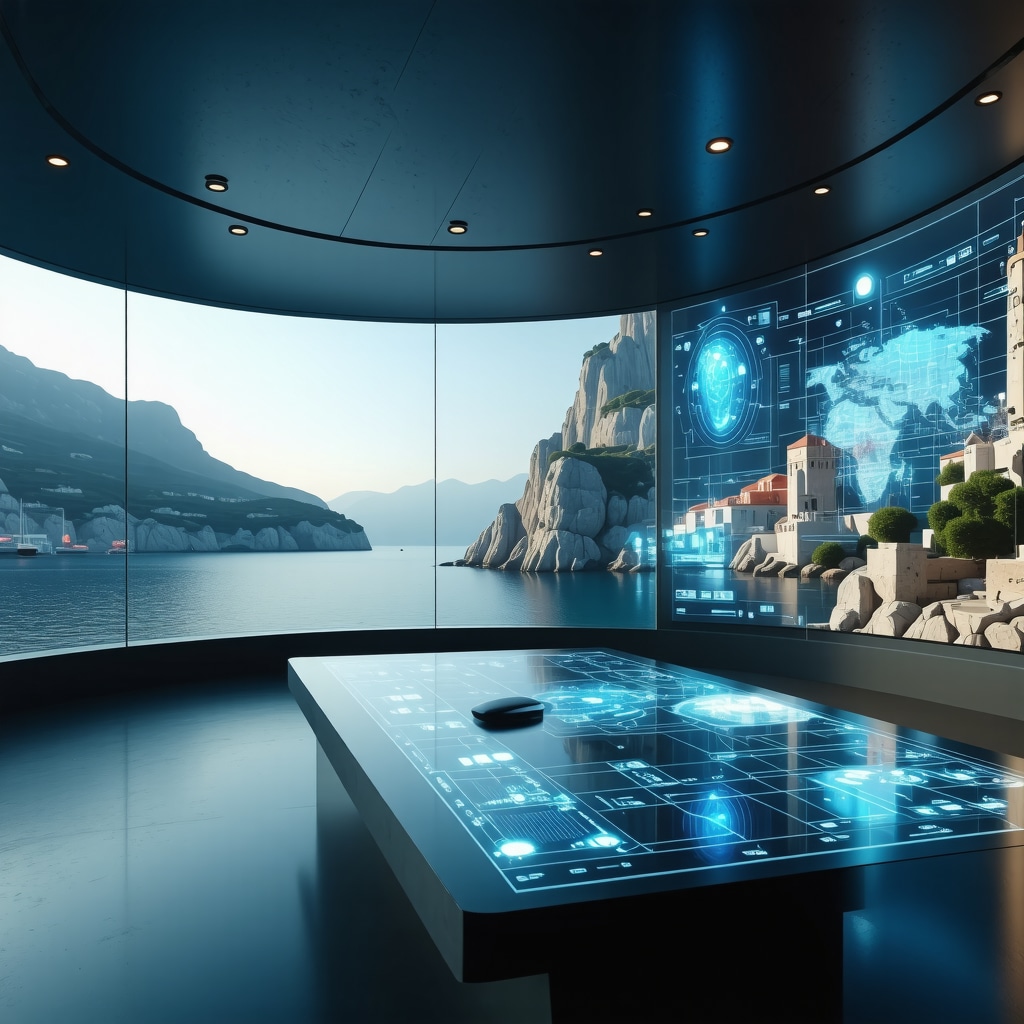 Prikaz futurističnega digitalnega nadzornega centra za upravljanje trajnostnega turizma v Splitu s podatki v realnem času