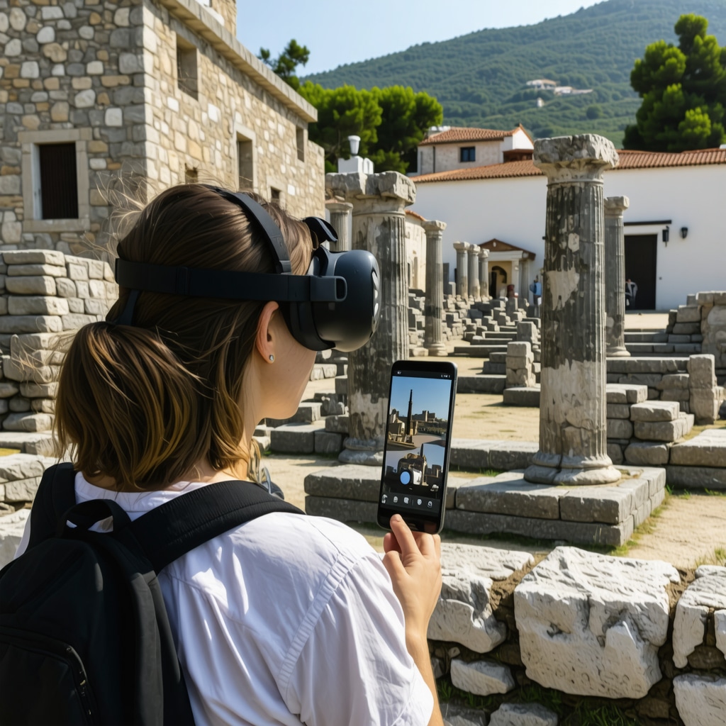 Turist z mobilno aplikacijo in 3D virtualno rekonstrukcijo antičnih ruin v Kavali