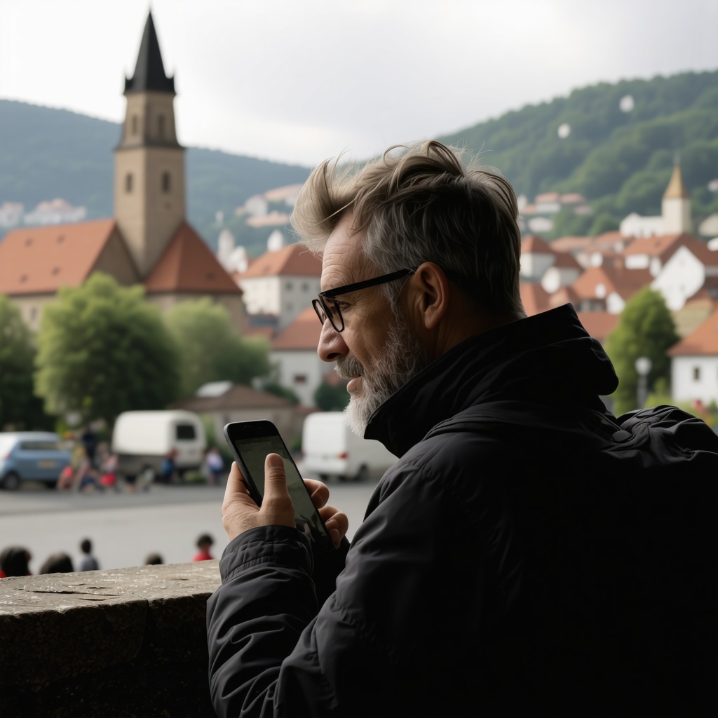 Turist uporablja digitalno aplikacijo za raziskovanje Sibiua, združevanje tehnologije in trajnostnega turizma