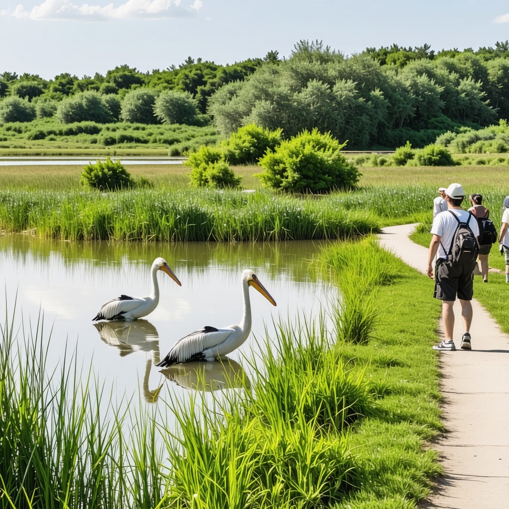 Pelicans and other birds in lush Divjakë wetland reserve with visitors on walking path