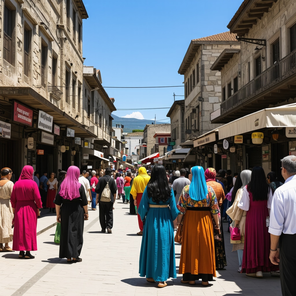 Korçë street with people of various ethnic backgrounds wearing traditional attire and multilingual signs