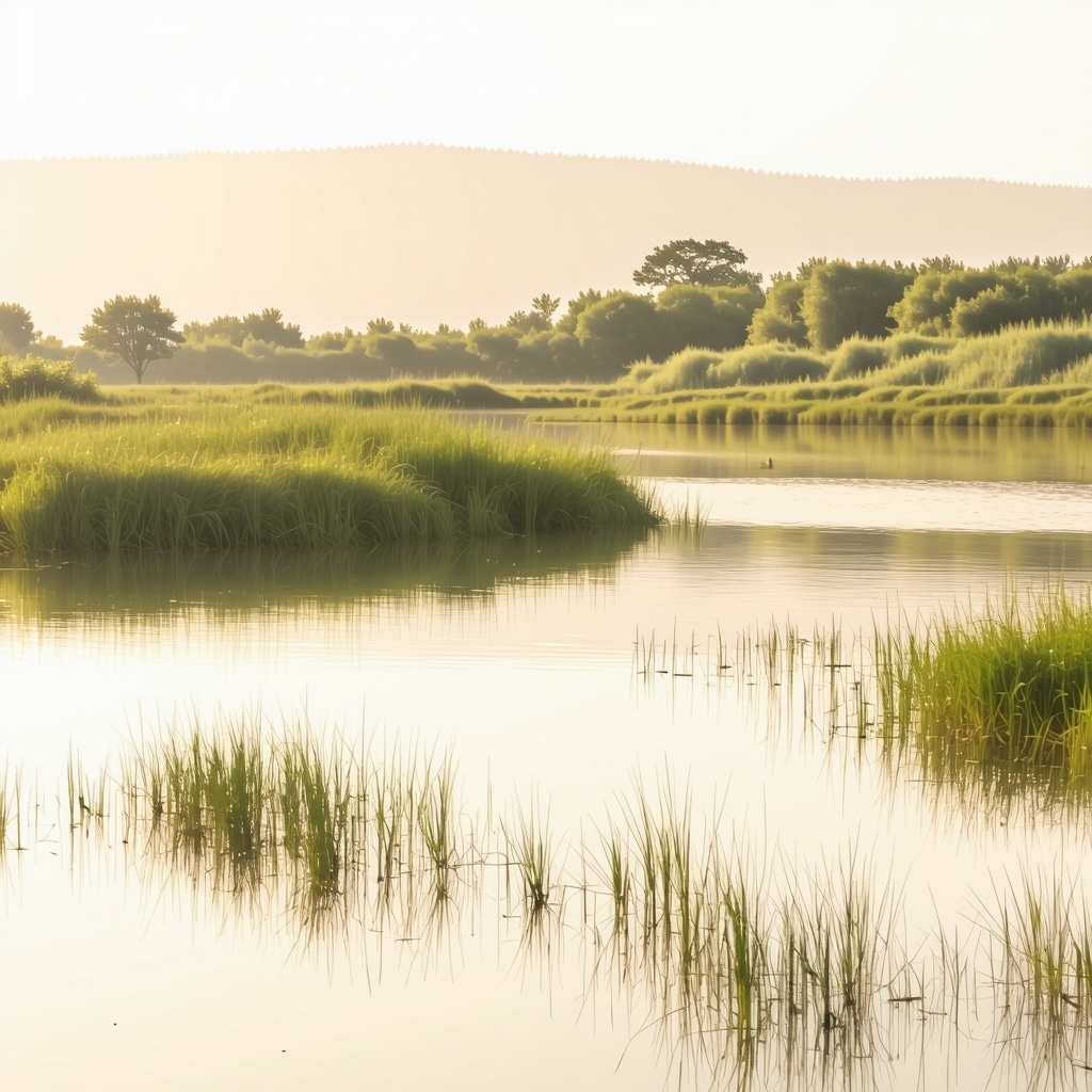 Wetland area in Divjakë natural reserve with various birds and green vegetation in early morning light