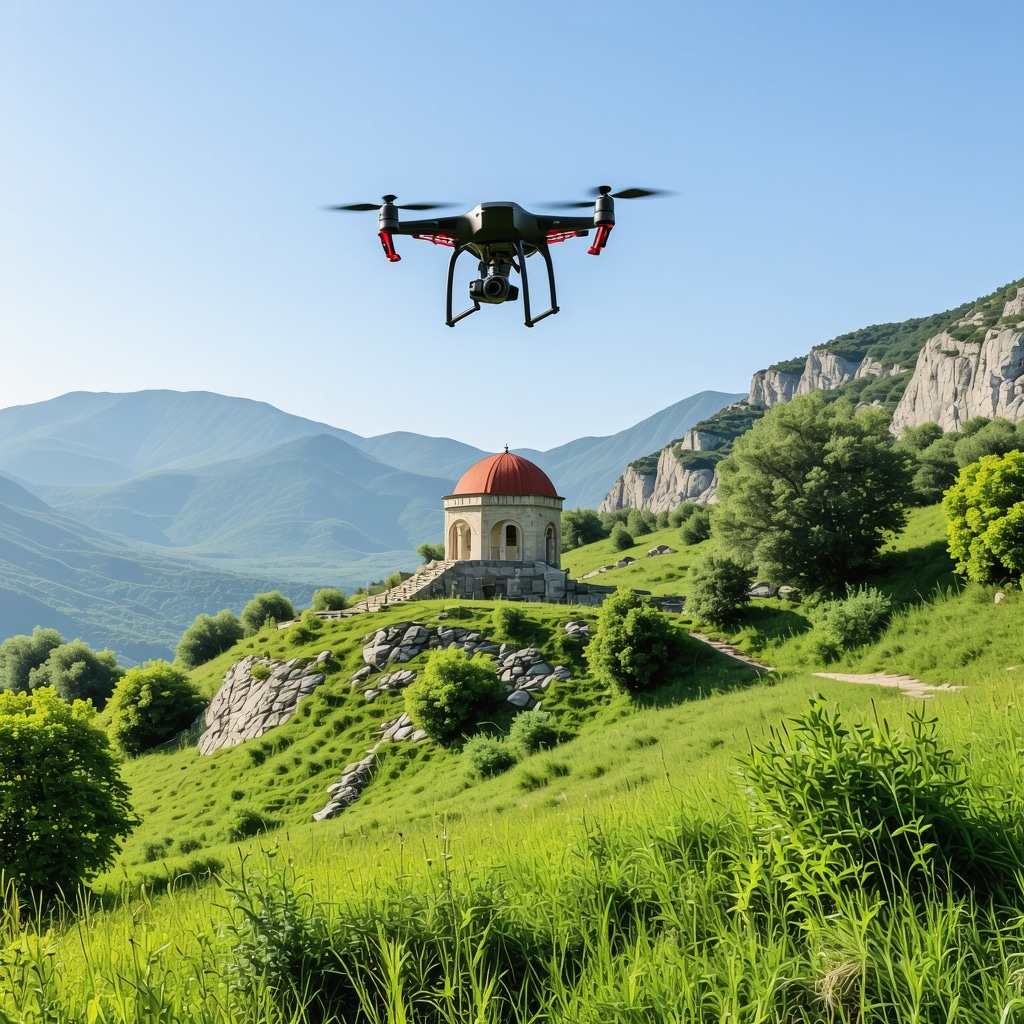 Drone capturing multispectral images over Lovćen mountainous trails with Njegoš mausoleum in background