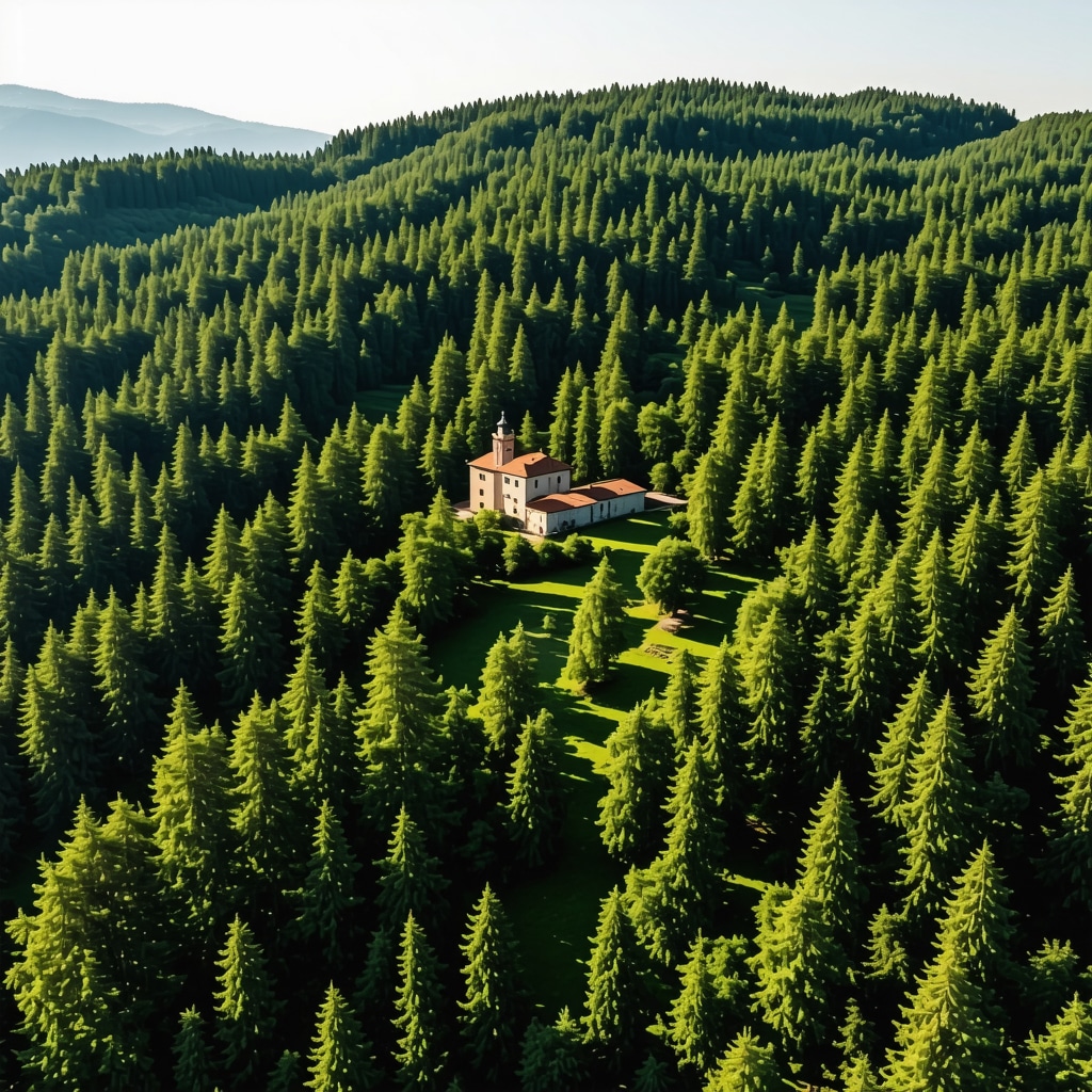 Drone flying over Foča's forests and historical monuments for environmental monitoring