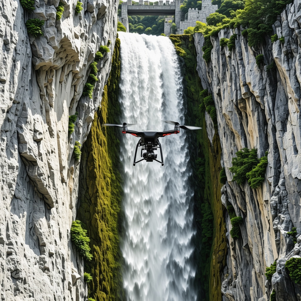 Drone view capturing Pliva waterfalls and historic fortress in Jajce with digital mapping overlay