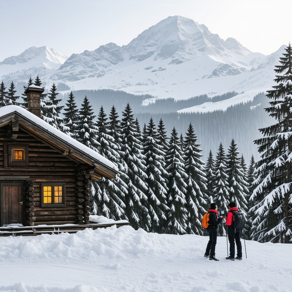 Snow-covered Durmitor National Park with traditional wooden cabin and hikers using GPS devices