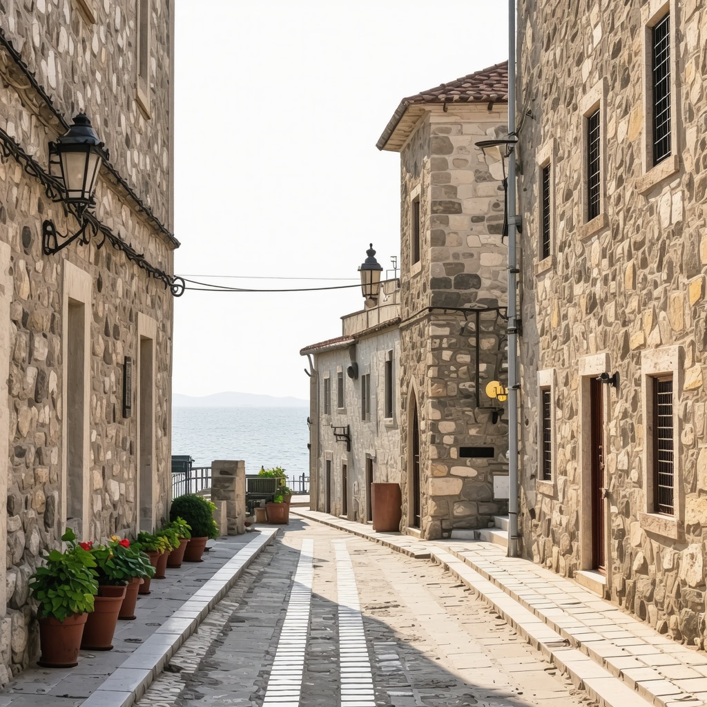 Historic streets of Sozopol bathed in soft early morning light with Adriatic sea backdrop