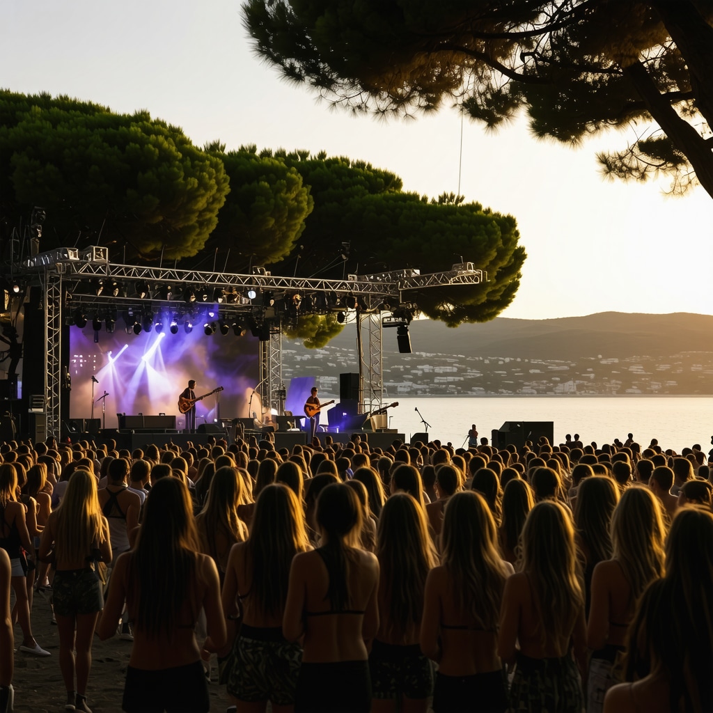 Crowd enjoying a sustainable music festival on Hvar island with digital screens and Adriatic Sea backdrop at sunset