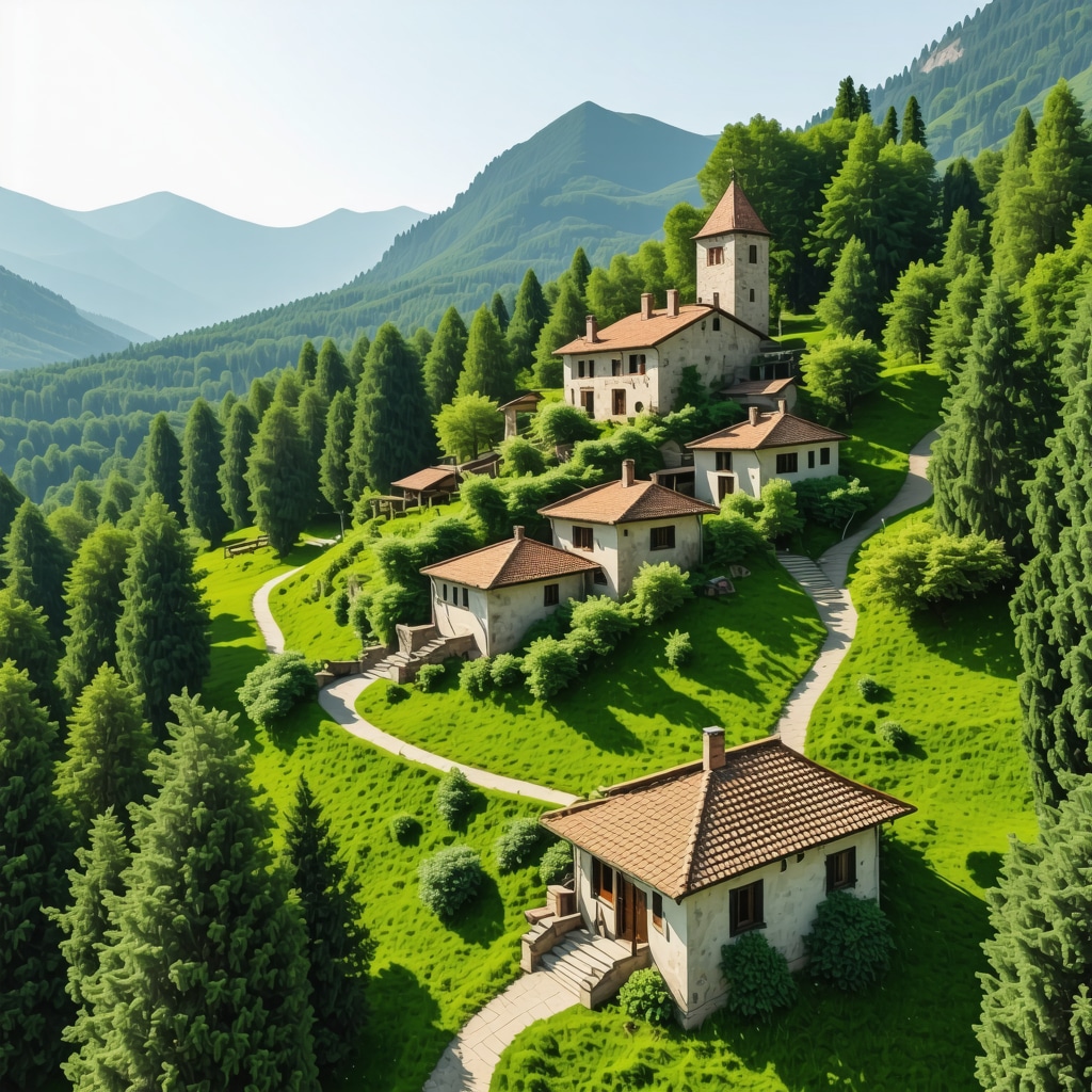 Aerial view of Kruševo natural parks showing sustainable tourist trails and digital info points blending traditional village and modern technology